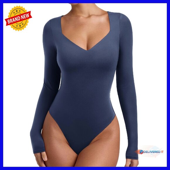 Long Sleeve Square V Neck Bodysuit Double Lined Thong Slimming Shirt